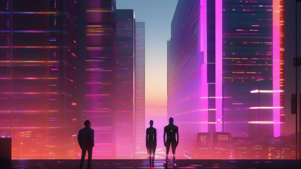 A group of three people standing on a sidewalk in front of a tall building with a pink neon sign. The scene is set in a futuristic city with a purple sky.