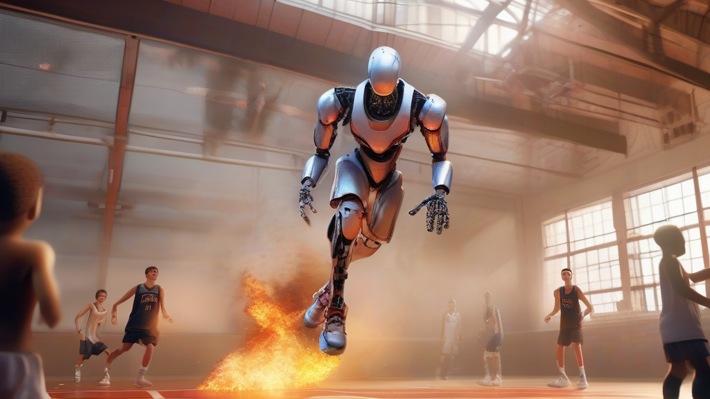 A robotic figure is captured in mid-air, performing a jump. The scene takes place in a gymnasium, where several other people are present, possibly watching the robotic figure's performance. The gymnasium appears to be a basketball court, as evidenced by the presence of a sports ball in the scene.