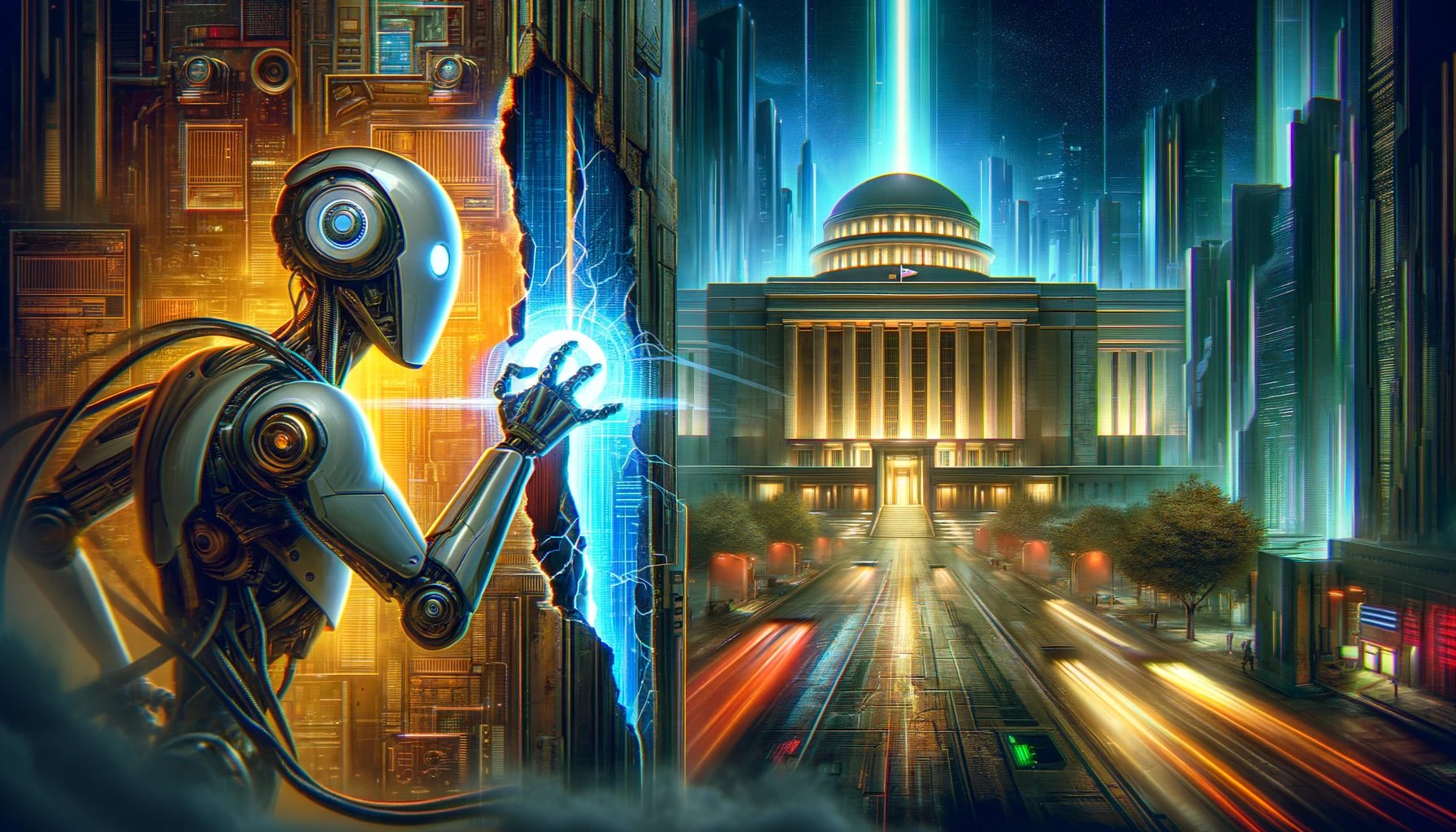  A futuristic city scene with a robot standing next to a building, holding a blue light in its hand. The robot is wearing a helmet and appears to be a part of the city's infrastructure. The building in the background is tall and features a clock on its side. The city is bustling with activity, as evidenced by the presence of multiple cars and