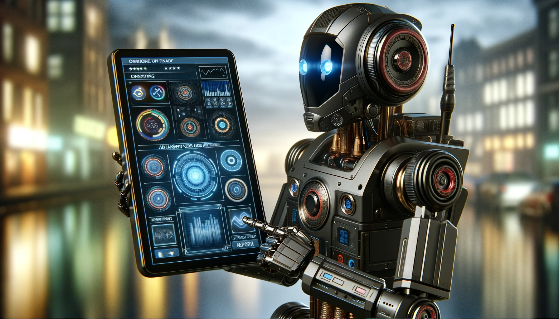 A droid equipped with an advanced user interface, displaying a touchscreen panel with customizable settings and options.